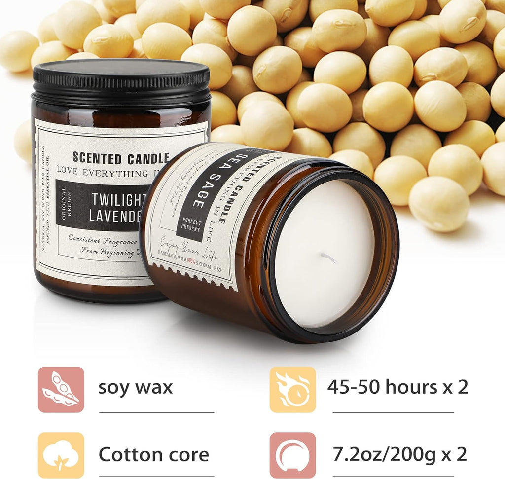 Candles for Home Scented, Scented Candles, Twilight Lavender and Sea Sage, 14.4 Oz- Pack of 2 with Amber Glass Jars Package, 100 Hour Burn Time, Soy Candles for Ideal Gifts for Various Festivals